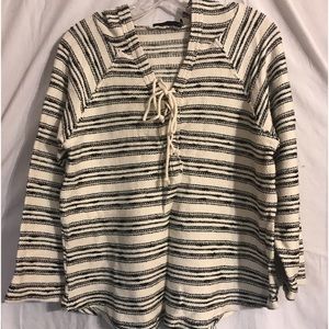 Doe & Rae ivory and black striped lace up hooded sweater size medium